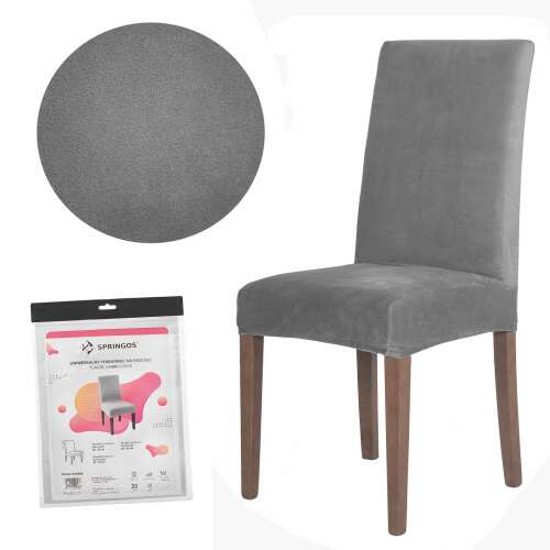 Springos velvet chair cover in gray, 3/4 view with packaging