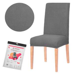 Pokrowiec na krzesło Springos w kolorze grafitowym, pokazujący pokrowiec na krześle z drewnianymi nogami oraz zbliżenie tekstury tkaniny - Projektowanie wnętrz
