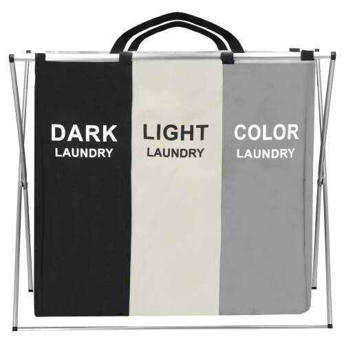 Springos 3-compartment laundry hamper with black, white, and gray fabric bags