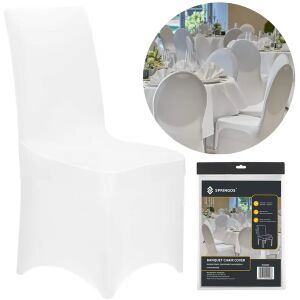 Springos white banquet chair cover with packaging and example setup - Furniture Cover