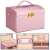 Springos jewelry box, pink, with gold accents, open, showing interior compartments and drawers, collage