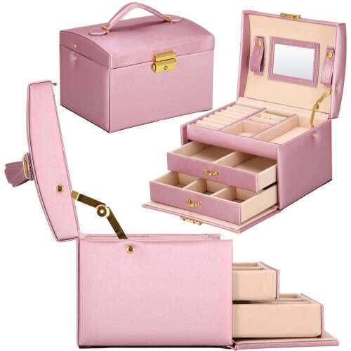 Springos jewelry box, pink, with gold accents, open, showing interior compartments and drawers, collage