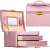 Springos jewelry box, pink, with gold accents, open, showing interior compartments and drawers, side view
