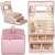 Springos jewelry box, pink, with gold accents, open, showing interior compartments and drawers, filled with jewelry, collage