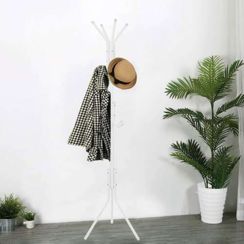 White Springos standing coat rack with 12 hooks, showing a jacket and hat hanging on it