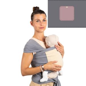 Kollázs: Nő Nandu ÖKO szürke nude hordozókendőben babával és zseb részlet - Nandu