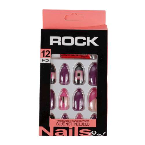 Set de 12 unghii false ROCK cu lipici, design roz și violet