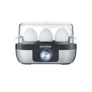 Severin EK 3163 egg cooker with three eggs inside, showing the transparent lid and the control knob - Severin