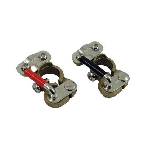 Pair of quick-connect battery terminals, positive and negative, for car, truck, or motorcycle batteries