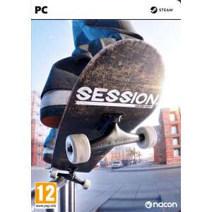 Session: Skate Sim PC játék borítója, egy gördeszkás mutatványt hajt végre egy korláton - Nacon