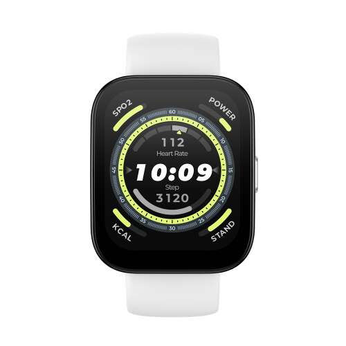 Amazfit Bip 5 smartwatch, alb crem, vedere din față, afișând ecranul cu ritmul cardiac, pașii și ora