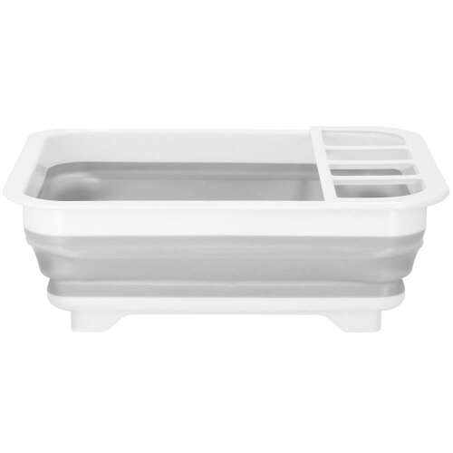 Uscator de vase pliabil, din pastic si silicon, 36x31x12cm, suport tacamuri, alb si gri