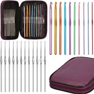 Springos 22 darabos horgolótű készlet lila hordtáskával, alumínium és rozsdamentes acél horgolótűk, különféle méretekben - Springos