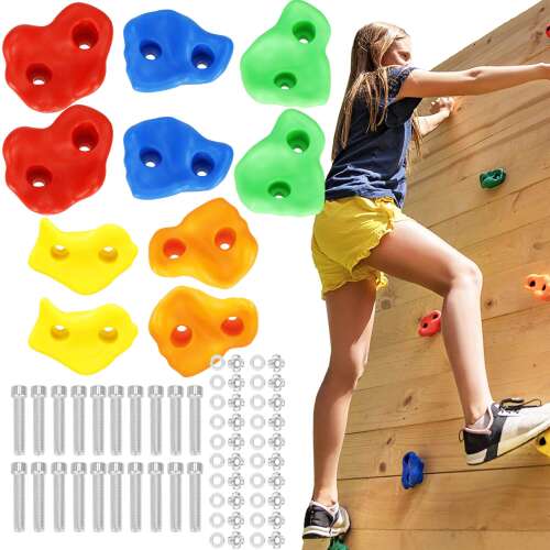 Springos climbing holds set with hardware and child climbing on a wall