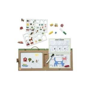 Melissa & Doug Kreatív játék, Letörölhető rajzoló és mágneses játékkészlet - Farm, kinyitva, fehér szárazon törölhető tábla, farm állatokkal kapcsolatos tényeket tartalmazó füzet, filctollak, mágnesek és sablonok láthatóak - Melissa & Doug