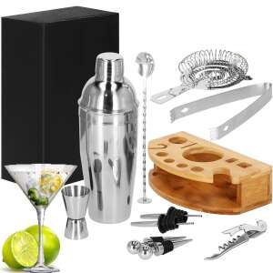 Springos 12-teiliges Cocktailshaker-Set mit Zubehör und Bambusständer - Barzubehör