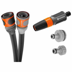 Gardena Liano Life hose set components: hose connectors, spray nozzle, and tap adapters - Gardena hoses