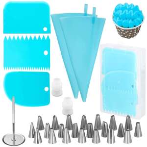 Springos 32-piece blue silicone pastry decorating set with piping bags, tips, spatulas, and cupcake example - Pastry decorating tool