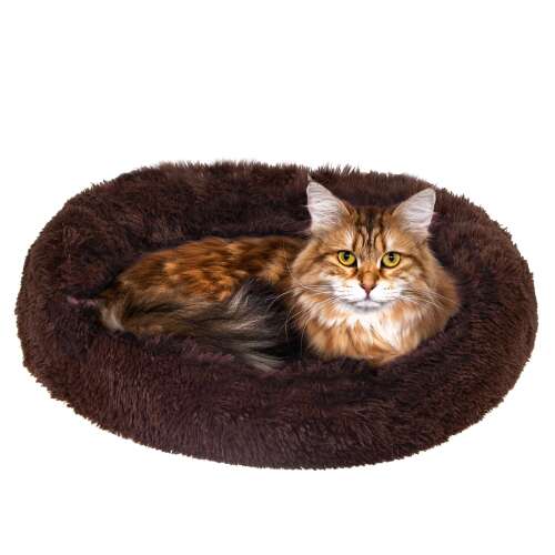 Brown Springos pet bed with a cat inside, 50 cm diameter