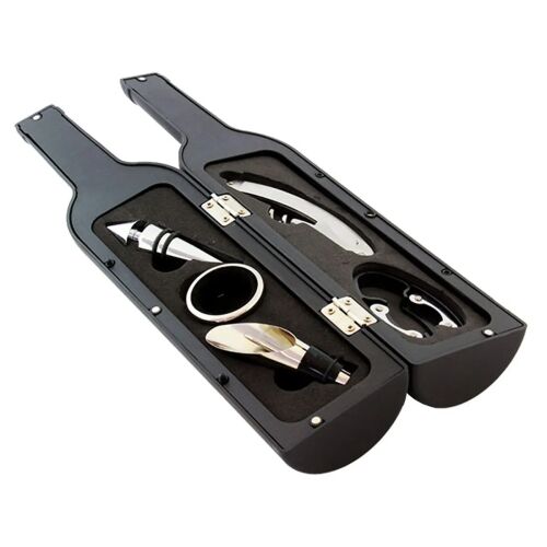 Boros Kellékszett 6-w-1 Czarny Zestaw Akcesoriów do Wina w Etui w Kształcie Butelki