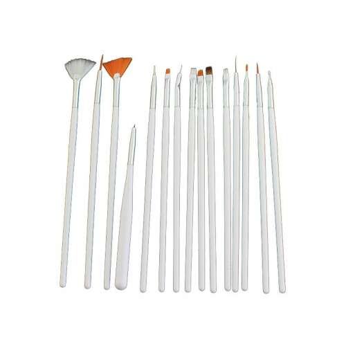 15-dielna sada štetcov na zdobenie nechtov s ochrannými krytkami, biele rukoväte