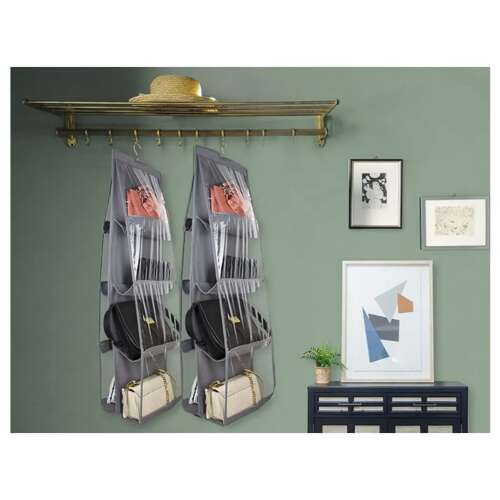 Gray hanging organizer with clear pockets for handbags, shoes, or other items, hanging in a closet