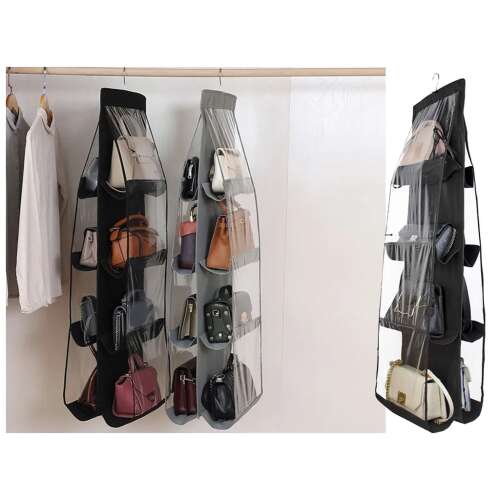 Schwarzer Handtaschen-Organizer mit 8 durchsichtigen Taschen zum Aufhängen im Schrank, bietet Platz für bis zu 16 Handtaschen