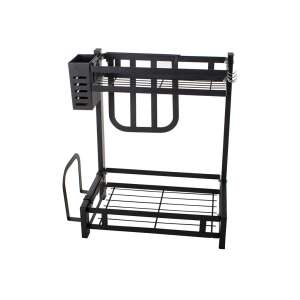 Black metal kitchen organizer with two shelves, a knife holder, and a utensil holder - Kitchen storage rack