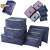 Set of 6 blue travel organizers for luggage, including mesh laundry bags