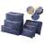 Set of 6 blue travel organizers for luggage, including mesh laundry bags