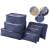 Set of 6 blue travel organizers for luggage, including mesh laundry bags