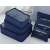 Set of 6 blue travel organizers for luggage, including mesh laundry bags