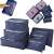 Set of 6 blue travel organizers for luggage, including mesh laundry bags