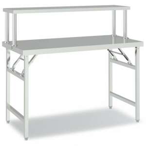 Stainless steel kitchen workbench with top shelf, angled view - Workbench