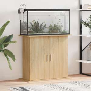 Sonoma oak assembled wooden aquarium stand with fish tank, plants, and fish - Pet Care