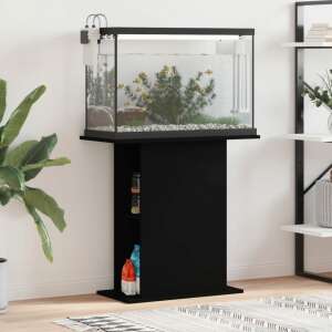 Black aquarium stand with fish tank, plants, and accessories - Fish & Reptile Care