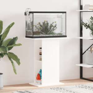 White assembled wooden aquarium stand with fish tank, plants, and accessories - Fish & Reptile Care