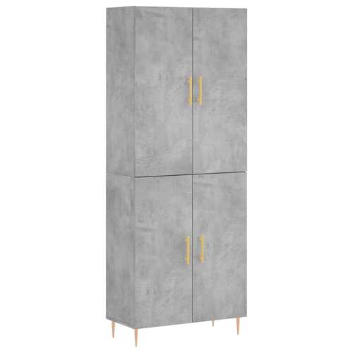 Betonszürke szerelt fa magasszekrény 69,5 x 34 x 180 cm, magas szekrény ajtókkal, szürke, arany fogantyúkkal - Tálalószekrény