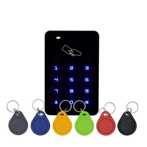 RFID четец и клавиатура, вътрешен, сензорен бутон, CONTROL, 125 kHz EM, четец за карти за близост, клавиатурна ключалка, черен и сребърен, с 6 RFID ключодържатели, преден изглед