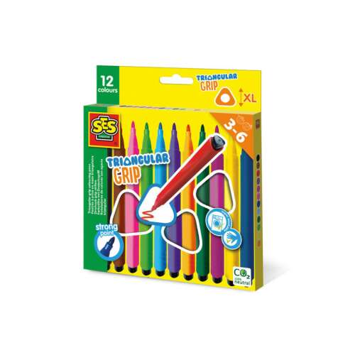 SES Triangular Grip felt-tip pens, 12 colors, triangular grip, washable, for ages 3-6