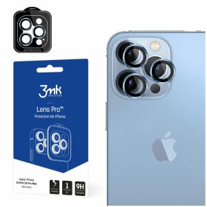 3mk Lens Protection Pro iPhone 13 Pro Max/13 Pro készülékhez, kamera lencsevédő, csomagolás és felszerelt nézet - 3MK Kijelzővédő fólia