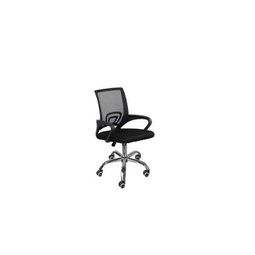 Black mesh office chair with chrome base and armrests