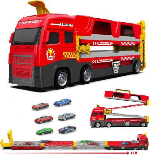 Piros játék teherautó 6 db kisautóval, autószállító, játékkészlet, Top Speed