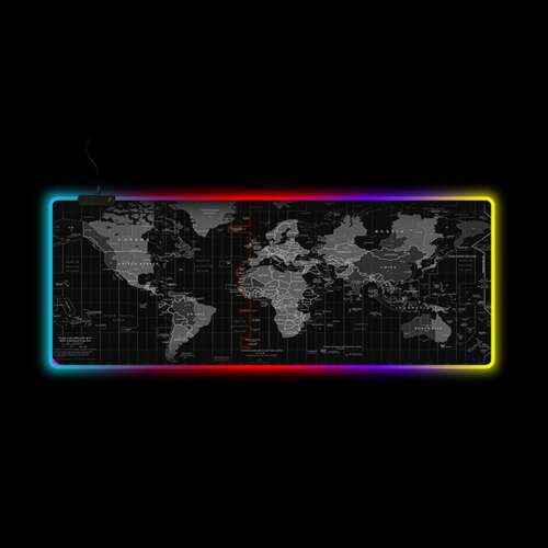 RGB LED-es gamer egérpad, 80x30cm, Fekete, Világtérkép mintával