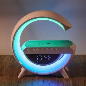 Okos RGB LED ébresztőóra, Bluetooth zenelejátszó és vezeték nélküli töltőállomás, fehér, színes LED fényekkel, ébresztőórával, FM rádióval és vezeték nélküli töltővel - Madam