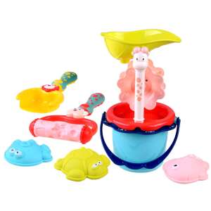 7 piece colorful sandbox set with bucket, shovel, roller, giraffe, turtle, fish and octopus molds - Pool and Beach Toy