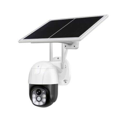Solar powered wireless security camera with 2MP HD video, 355° pan and 90° tilt, night vision, motion detection, two-way audio, and V380 Pro app compatibility