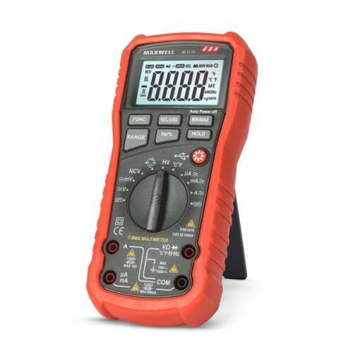 Maxwell MX 25 318 True RMS Automatic Digital Multimeter, red, with non-contact voltage detection, USB connectivity, auto-ranging, backlight, and data logging