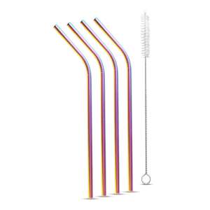 Set mit 4 regenbogenfarbenen Edelstahl-Trinkhalmen mit Reinigungsbürste - Barzubehör