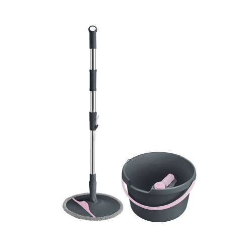 York Clean House Roll&Up Spin Mop Set mit Eimer, grau und rosa, für einfache Reinigung